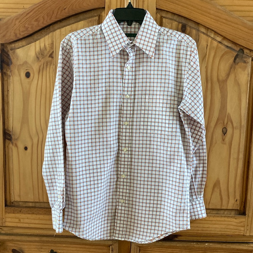 Men Carven blue orange plaid long sleeve button down shirt size S
